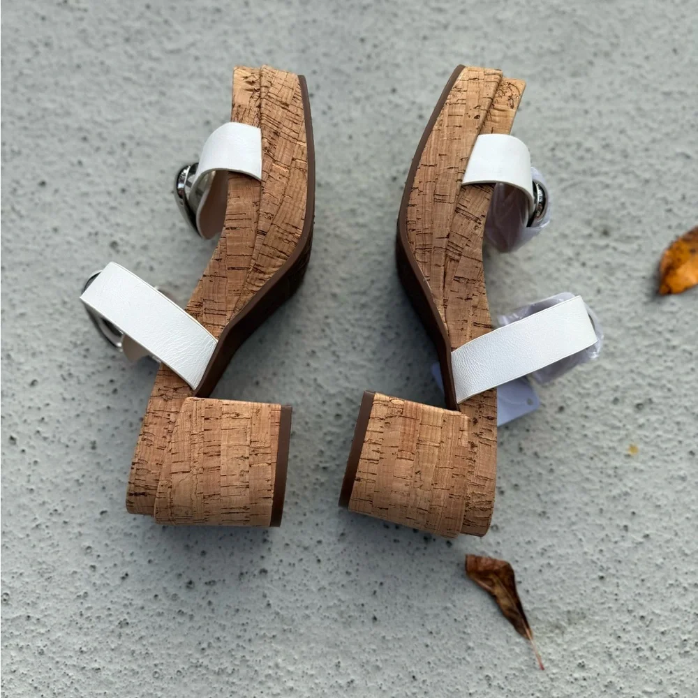 AEROSOLES White Cork Slide Sandals with Shiny Silver Buckles - Picture 3 of 10